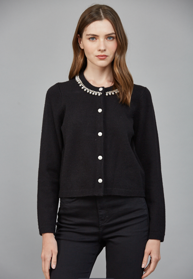 Pearl & Rhinestone Embellished Knit Cardigan