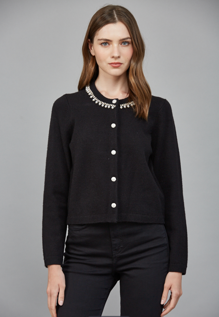 Pearl & Rhinestone Embellished Knit Cardigan