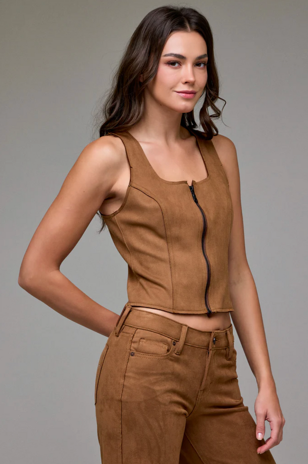 Suede Bodycon Front Zipper Top