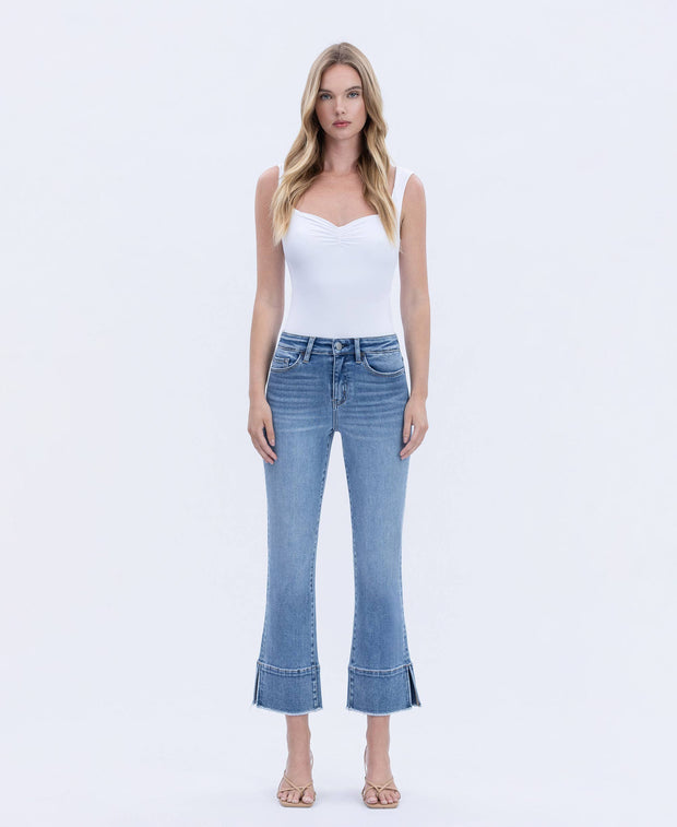 High Rise Trouser Slit Hem Cropped Kick Flare Jeans