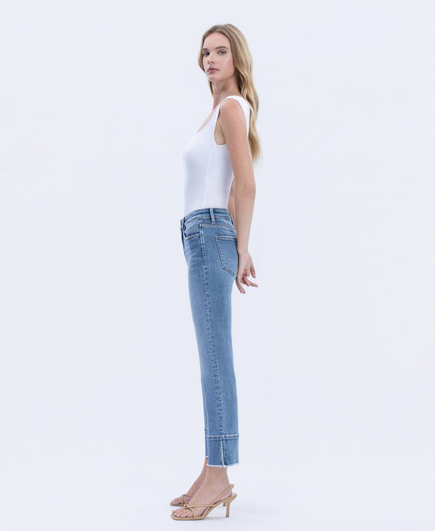 High Rise Trouser Slit Hem Cropped Kick Flare Jeans