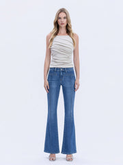 Inspire Mid Rise Pink Tuck Flare Jeans