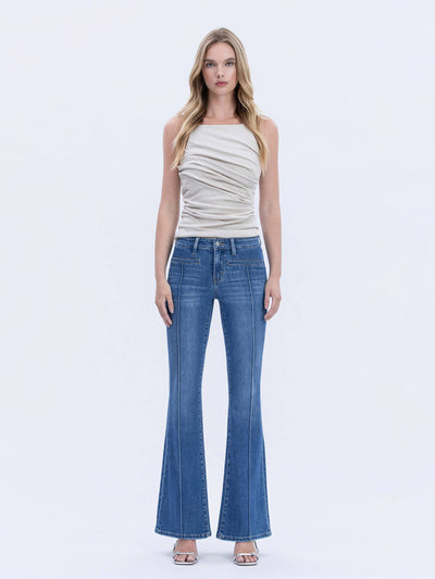 Inspire Mid Rise Pink Tuck Flare Jeans