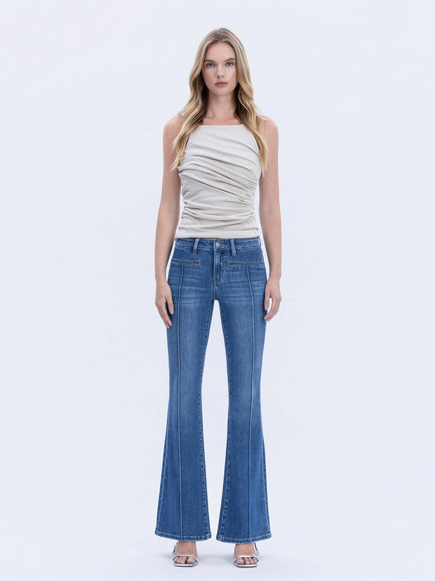 Inspire Mid Rise Pink Tuck Flare Jeans