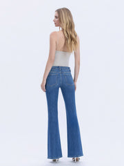 Inspire Mid Rise Pink Tuck Flare Jeans