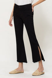 Black Mid Rise Crop Flare Jean with Side Slit