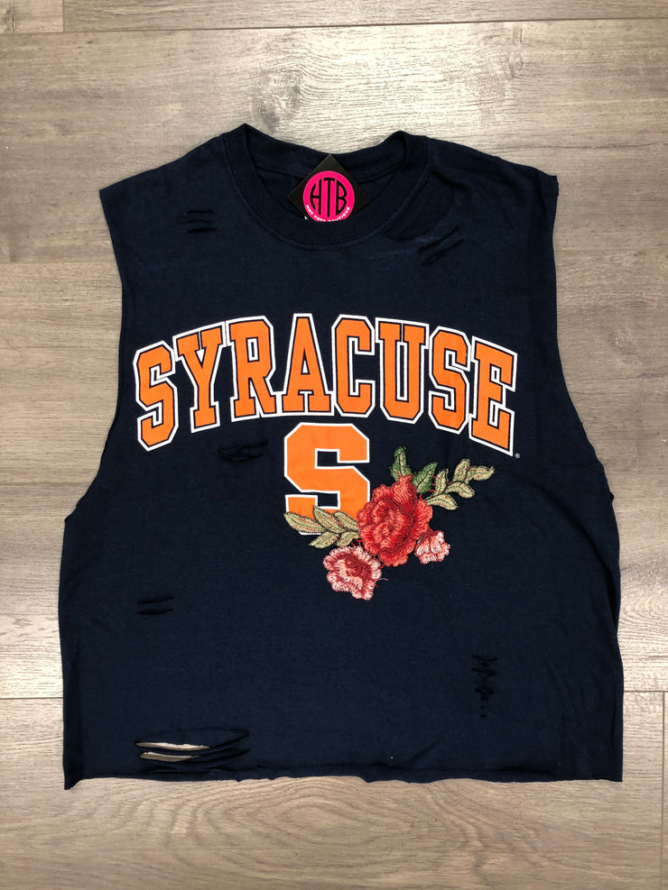 College Rose Embroidered Destroyed Muscle