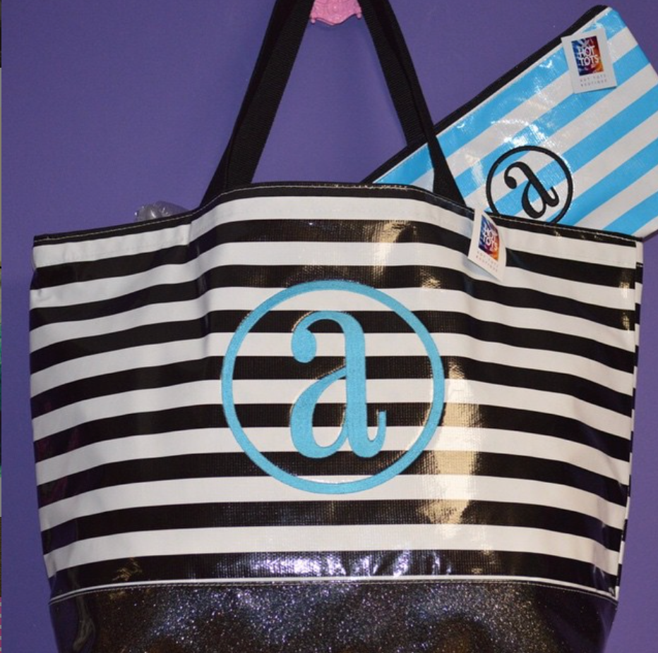 Monogrammed Zip Pouch Bag with Wristlet - Bikini Bag - Wet Pouch Hot Pink Stripe