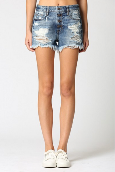 Destroyed High Rise Exposed Button Denim Shorts