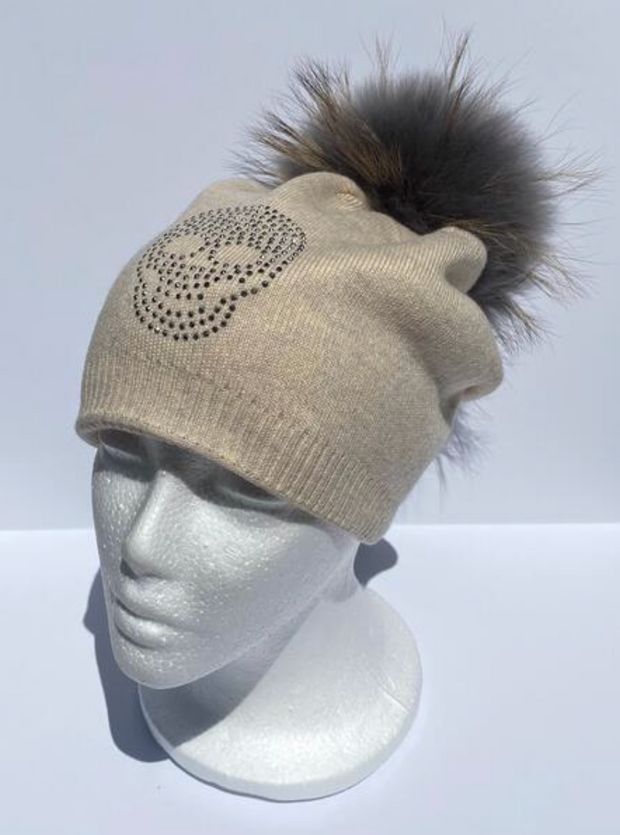 Skull Beanie Faux Pom Pom