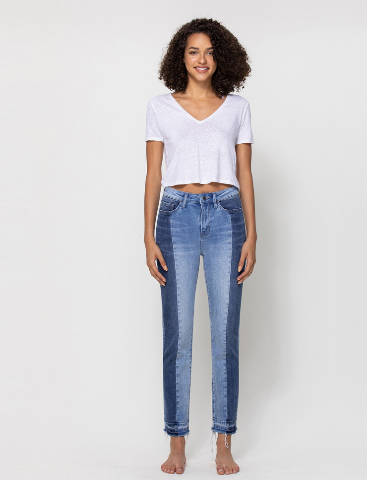Tay 2 Tone High Rise Slim Crop Straight Jeans