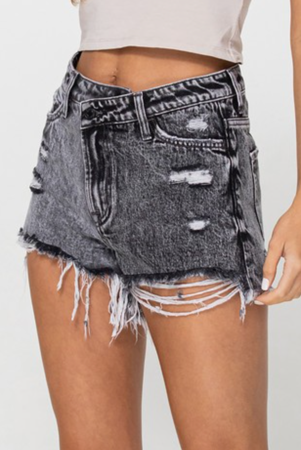 High Rise Asymmetical Distressed Charcoal Shorts