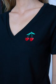 Sub_Urban Cherry Heart Embroidered V Neck Tee
