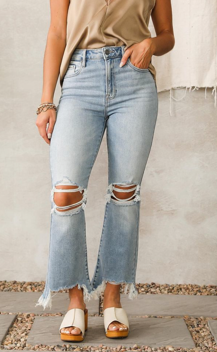 Benny Distressed High Waisted Crop Flare