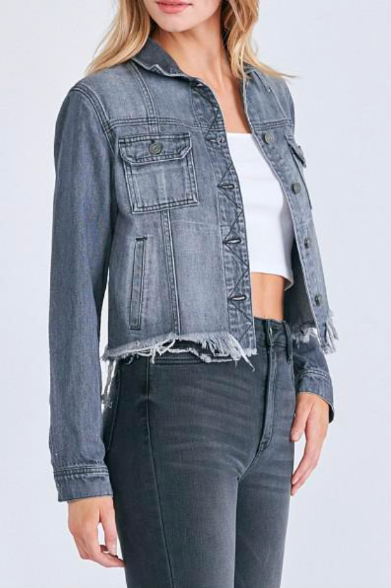 Charcoal Grey Distressed Jean Jacket – HTB Boutique Charcoal Grey Distressed Jean Jacket – HTB Boutique