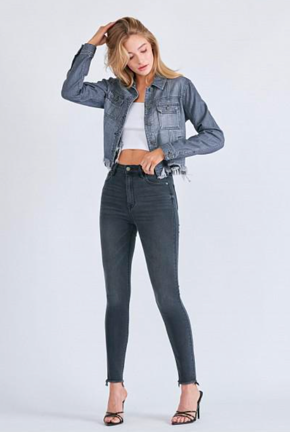 Charcoal Grey Distressed Jean Jacket – HTB Boutique Charcoal Grey Distressed Jean Jacket – HTB Boutique