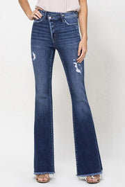 Asymmetric Waistband Flare Jeans + Raw Hem